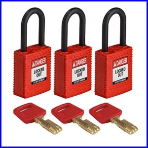 Kłódka Lockout SafeKey z nylonową szeklą 38 mm, jednakowe klucze, zestaw 3 szt., BRADY 150291